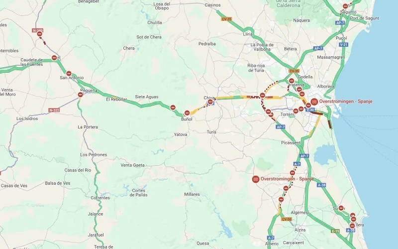 Welke wegen en snelwegen zijn gesloten na de overstromingen in Valencia regio