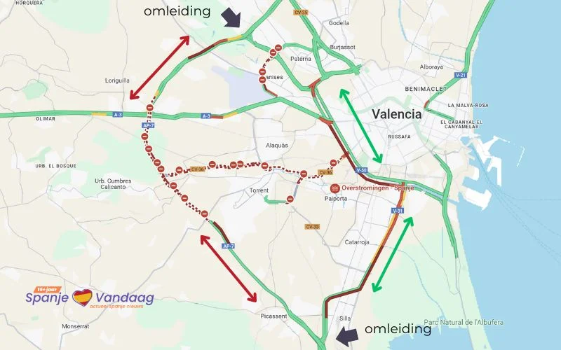 Omleiding verkeer in beide richtingen vanwege afgesloten A-7 snelweg bij Valencia