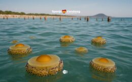 Stranden van Dénia, Xàbia en Calp overspoelt met drijvende spiegeleieren