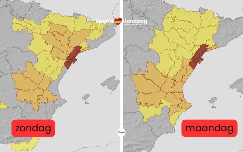 Geel, oranje en rood weeralarm voor regen en stormen in Valencia, Andalusië, Catalonië door ex-orkaan Gabrielle