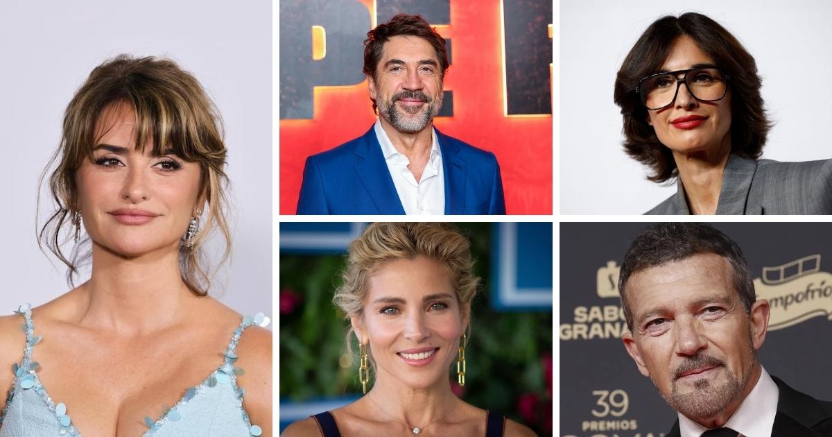 Collage van vijf Spaanse beroemdheden, waaronder Penélope Cruz, Javier Bardem, Antonio Banderas en twee andere vrouwen
