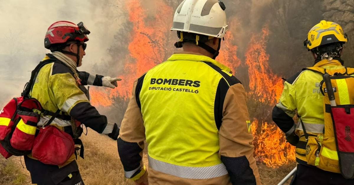 Brandweerlieden van Bombers Diputació Castelló bestrijden een grote bosbrand met hoge vlammen op de achtergrond