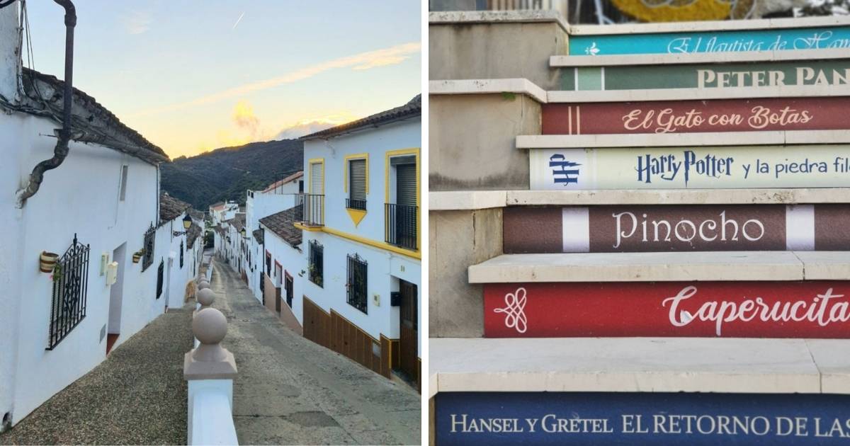 Smal straatje in een Spaans wit dorp bij zonsondergang, en trappen beschilderd met sprookjestitels zoals Harry Potter, Pinocho en Caperucita
