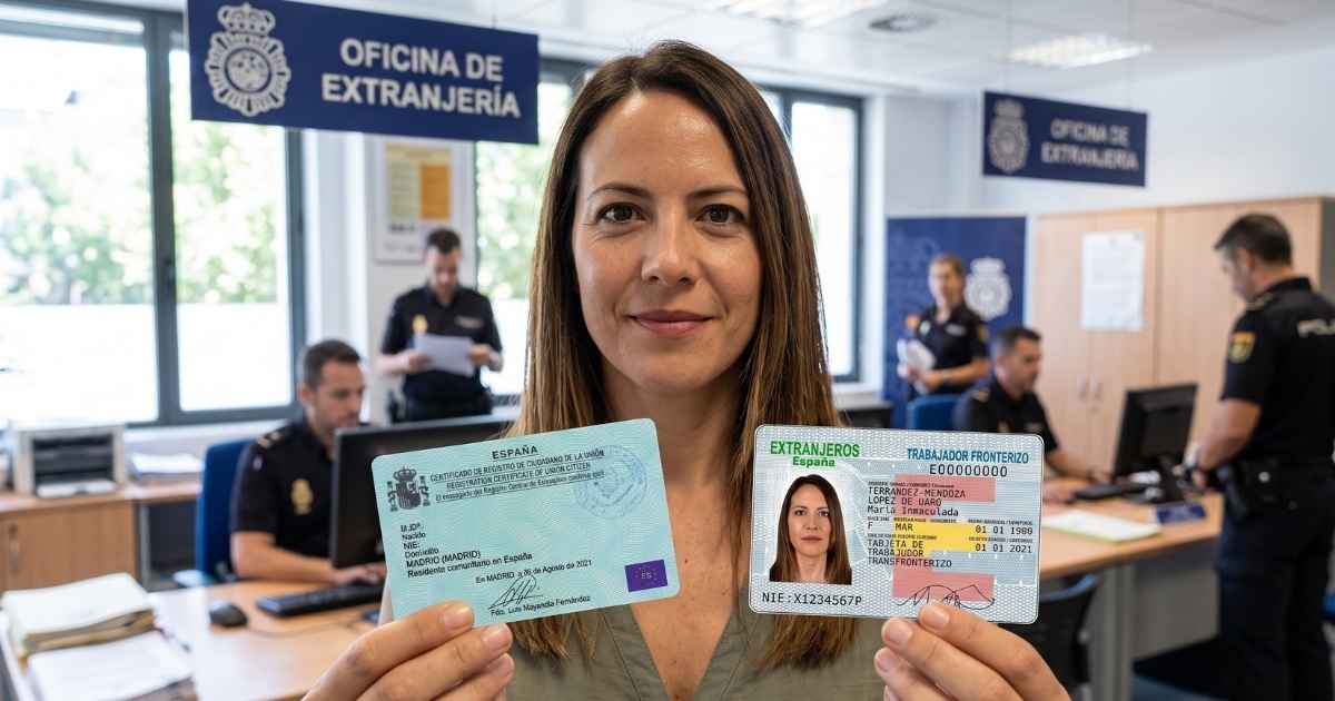 Vrouw toont twee Spaanse verblijfsdocumenten bij een Oficina de Extranjería: een EU-registratiecertificaat en een grensarbeiderkaart