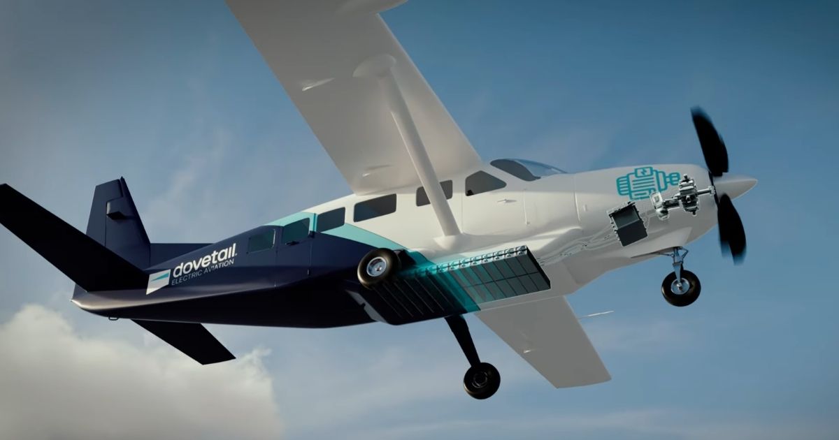 Computergegenereerde weergave van een elektrisch vliegtuig van Dovetail Electric Aviation in vlucht