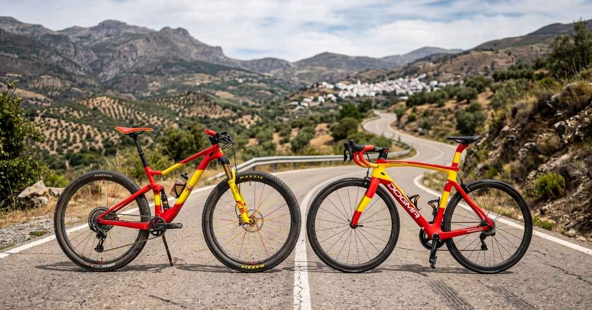 Twee rood-gele fietsen in Spaanse kleuren op een bergweg: een mountainbike en een Pinarello Dogma racefiets