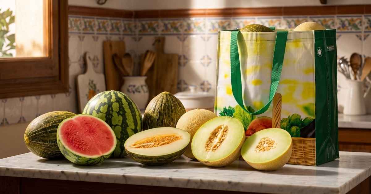 Verschillende meloenen en een doorgesneden watermeloen op een marmeren aanrecht, naast een groene boodschappentas met groenten