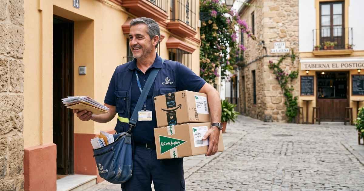 Voor het eerst meer pakketjes dan brieven verstuurd in Spanje 1 Postbode met pakketten in straat