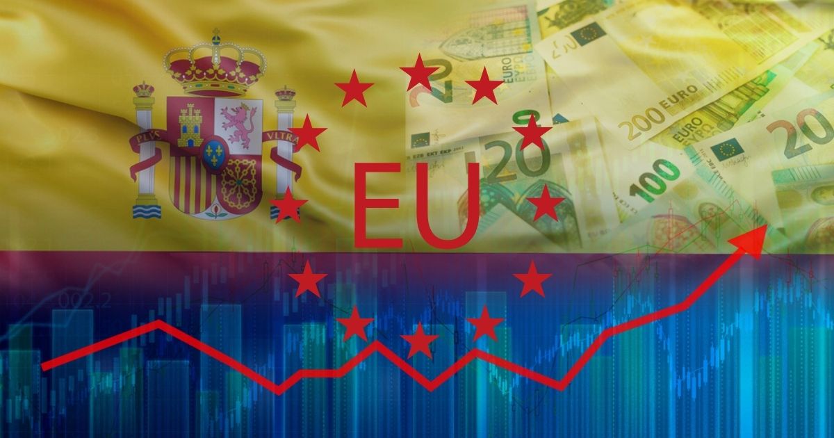 Spaanse vlag met EU-logo, eurobiljetten en een stijgende grafiek die economische groei symboliseert