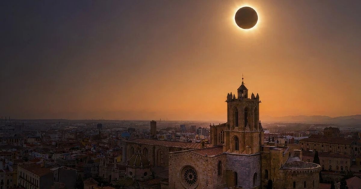 Zonsverduistering boven een stad met een gotische kathedraal op de voorgrond, omgeven door een oranje gloed