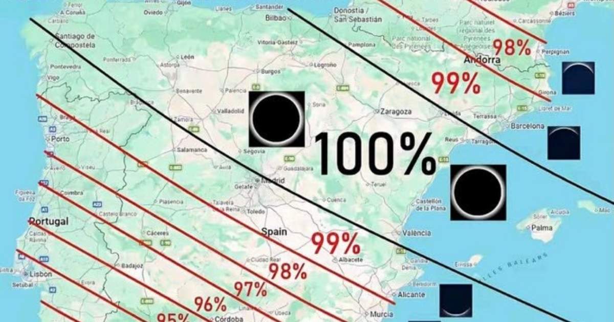 Kaart van Spanje met zones die de dekking van een zonsverduistering tonen, van 100% in het midden tot 95% in het zuiden
