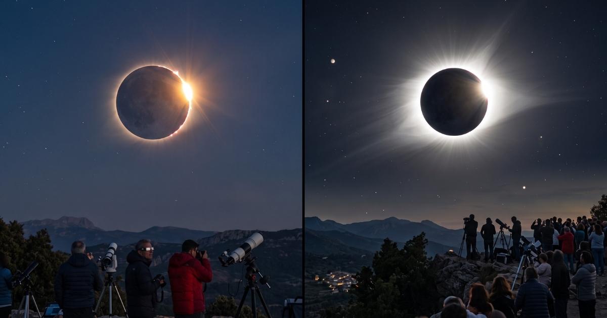 Twee foto's van een totale zonsverduistering boven een berglandschap, met toeschouwers en telescopen op de voorgrond