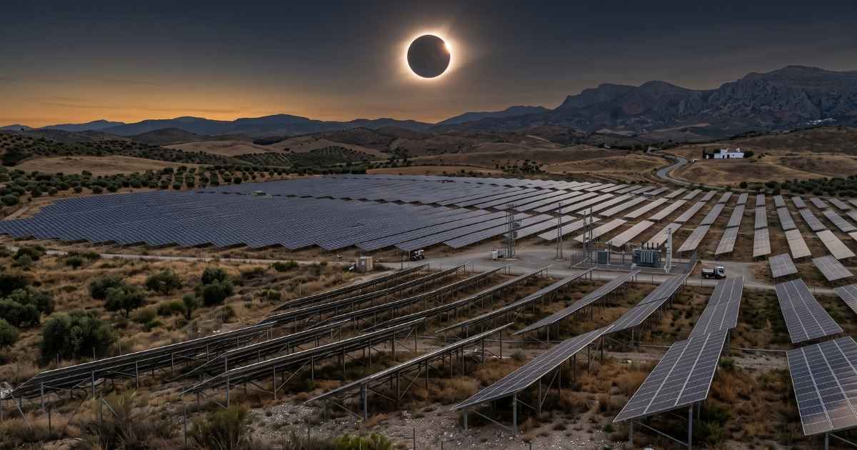 Groot zonnepark in een heuvelachtig landschap tijdens een zonsverduistering, met rijen zonnepanelen onder een gedeeltelijk verduisterde zon