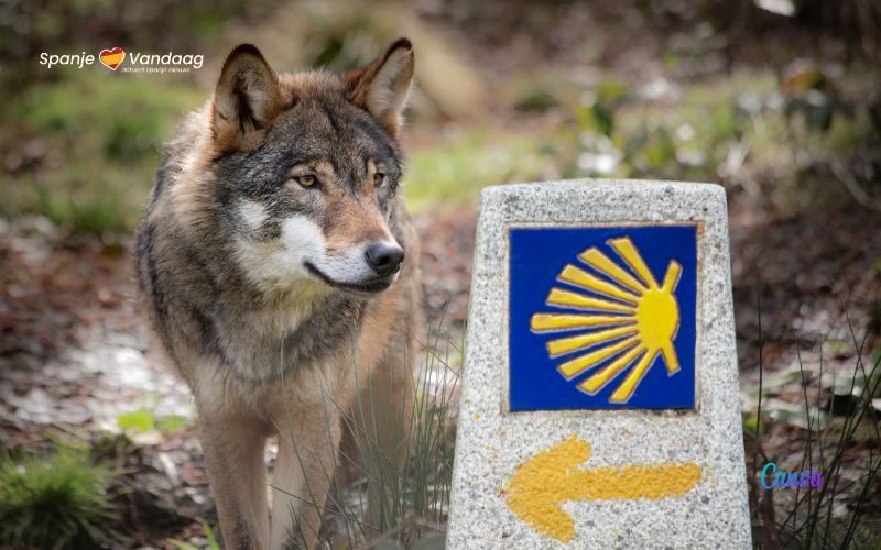 Pelgrimgangers naar Santiago de Compostela staan oog in oog met wolf